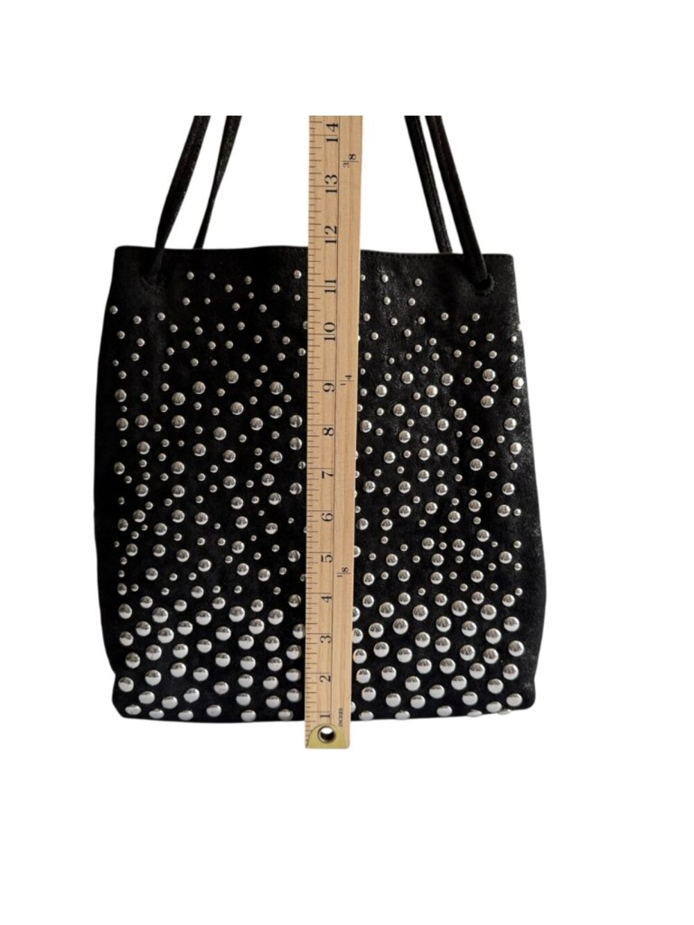 Zara Black Shoulder Bag Studded Design 10"x12"x3" Faux Suede Tote Purse Studs - Picture 3 of 11